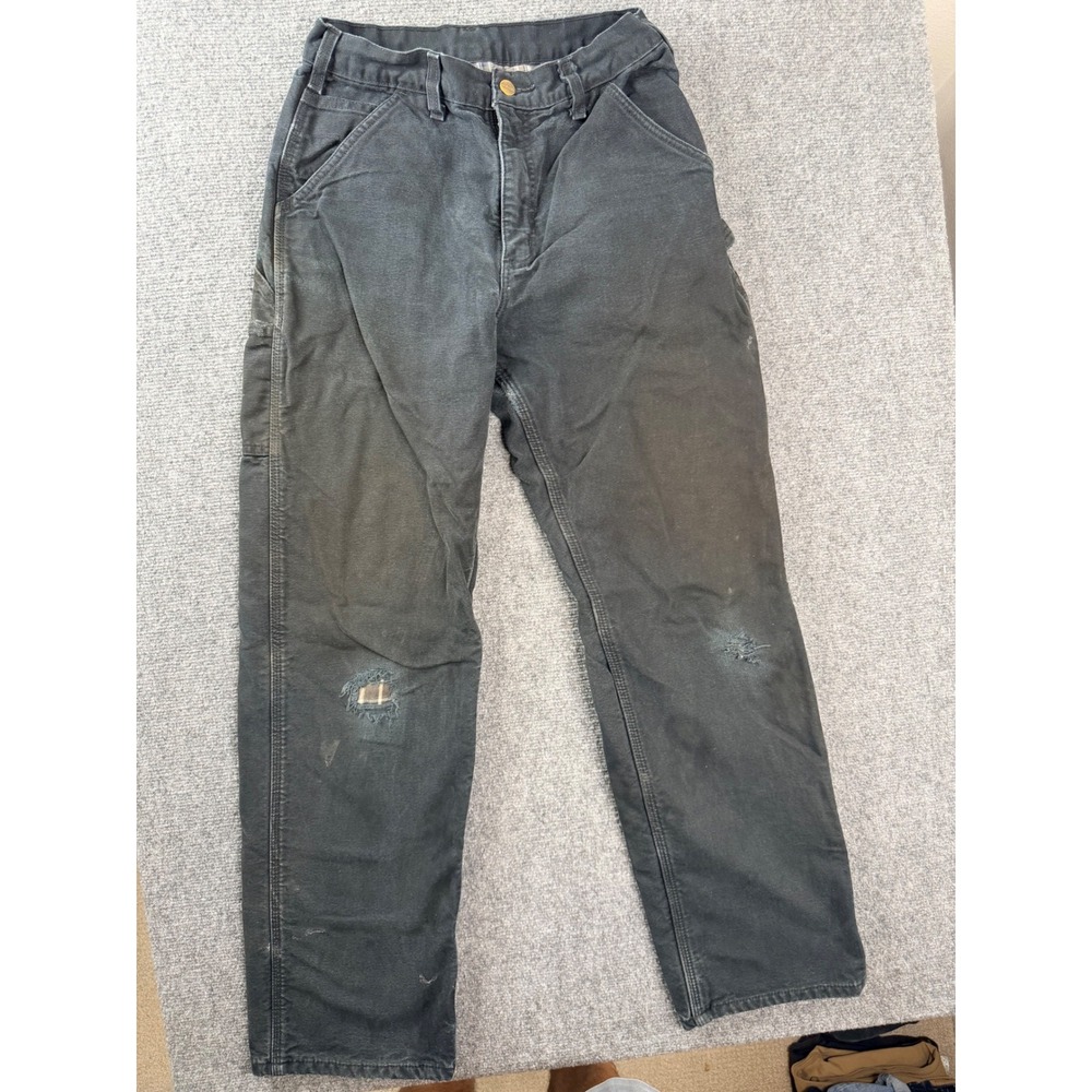 Carhartt B111-BLK Flannel Lined Black Duck Canvas Work Pants 30x34 Distress Men